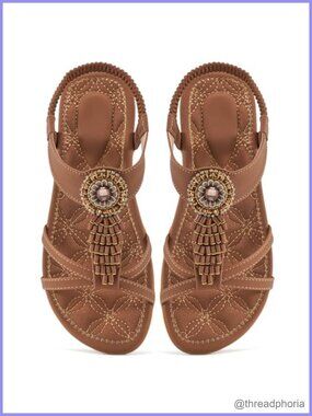 Women's Vegan Leather Sandals Comfortable Bohemian Beaded Ankle Strap Flats